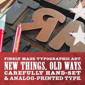 a close-up view of a typewriter with wooden letters, along with a red pencil and a pair of scissors. The text in the image suggests that the art of typographic design involves creating new things, old ways, carefully hand-set, and analog-printed type.