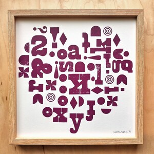 Letterpress Heart Print, Typography Wall Art, Gift for Graphic Designer, Modern Love Art, Unique Art Gift, Heart Art for Wall, Relief Print Mulberry on White