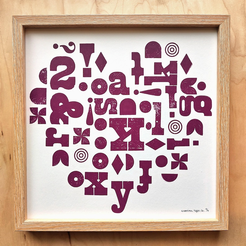 Letterpress Heart Print, Typography Wall Art, Gift for Graphic Designer, Modern Love Art, Unique Art Gift, Heart Art for Wall, Relief Print Mulberry on White