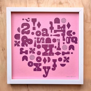 Letterpress Heart Print, Typography Wall Art, Gift for Graphic Designer, Modern Love Art, Unique Art Gift, Heart Art for Wall, Relief Print Mulberry on Pink