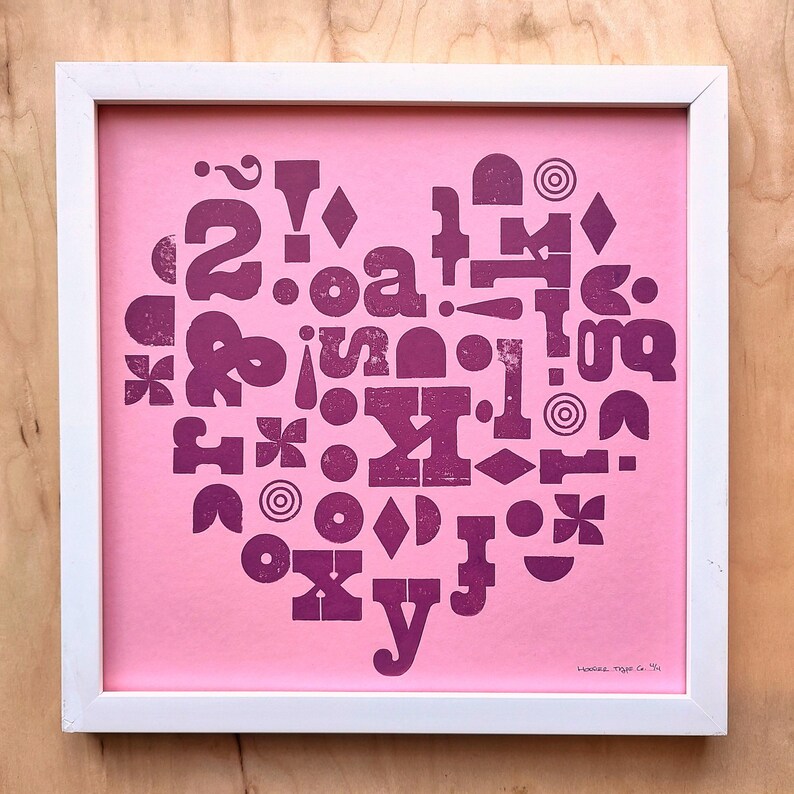 Letterpress Heart Print, Typography Wall Art, Gift for Graphic Designer, Modern Love Art, Unique Art Gift, Heart Art for Wall, Relief Print Mulberry on Pink