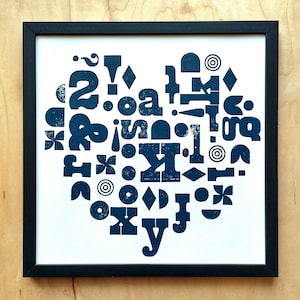 Letterpress Heart Print, Typography Wall Art, Gift for Graphic Designer, Modern Love Art, Unique Art Gift, Heart Art for Wall, Relief Print Blue Stone on White