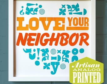 Love Your Neighbor as Yourself, Letterpress Print, Modern Scripture Decor Christian Wall Art, Christian Nursery Gifts, New Grandchild Gift