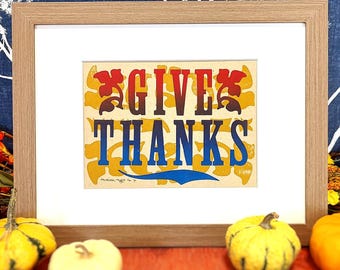 Give Thanks Letterpress Print, Fall Shelf Decor, Hostess Gift