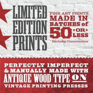 The image is a promotional poster for "Limited Edition Prints" that features bold text and a red and white color scheme.