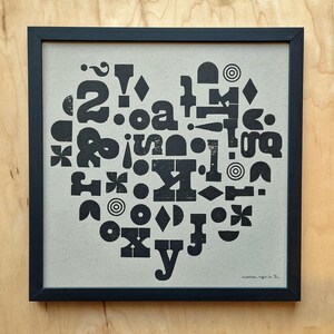 Letterpress Heart Print, Typography Wall Art, Gift for Graphic Designer, Modern Love Art, Unique Art Gift, Heart Art for Wall, Relief Print Black on Grey