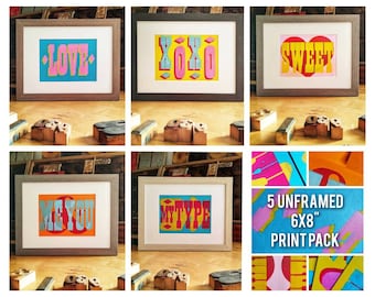 DISCOUNTED Small Art Prints Set of 5, 6x8, Buy as Singles or Pack, Letterpress Print, Typography Wall Art, Gift for Graphic Designer
