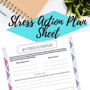May include: A printable stress action plan sheet with a pink, blue, and white geometric pattern. The sheet includes sections for identifying stressors, coping mechanisms, and people who can help. It also includes a section for fun activities to help manage stress.