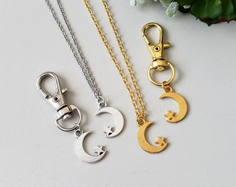 Matching Celestial Pet and Owner Necklace and Collar Charm, Clip On Moon and Star Gold or Silver Tag, Dainty Crescent Moon Layering Necklace