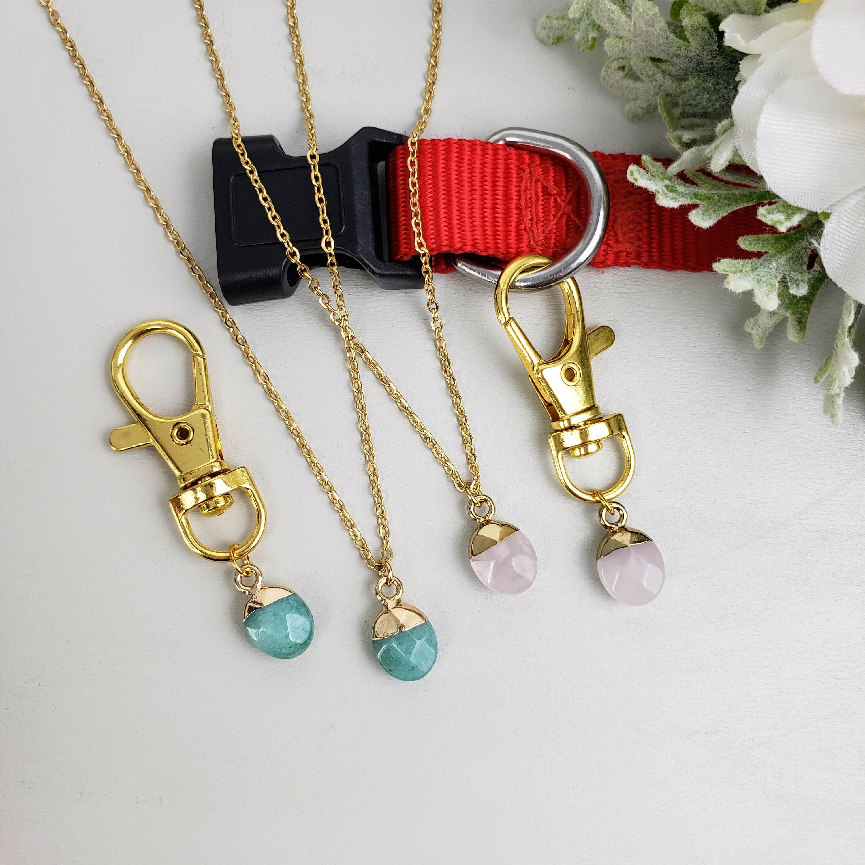Dainty Crystal Matching Pet and Owner Necklace with Collar Charm, Minimalist Oval Crystal Collar Charm, Dog Collar Charm, Clip On Charm