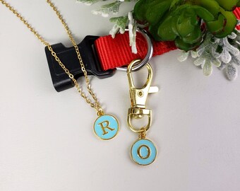 Initial Matching Dog and Owner Necklace with Collar Charm, Dog Collar Charm, Dainty Blue Initial Necklace, Dog Collar, Dog Accessories