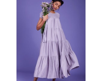 Vestido midi acampanado de lavanda con niveles plisados / Vestido personalizable / Vestido largo / Listo para enviar / Vestido de verano / Vestido de algodón / Vestido suelto