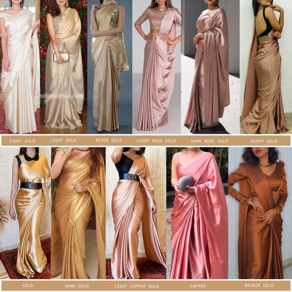 Sari de créateur en satin de soie | Option de couleur infinie | Tenue de mariée pour demoiselles d'honneur | Blouse sari| Tenues de soirée| Sari en satin | Blouse cousue et pré-drapée