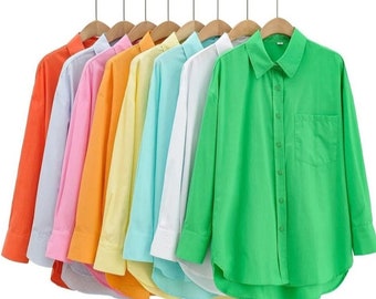 Baumwollhemd | Solid Color lose Baumwolle Freizeithemd | Weiches Baumwollhemd | Versandfertig | Volle Ärmel | Bequemes lockeres süßes Shirt.