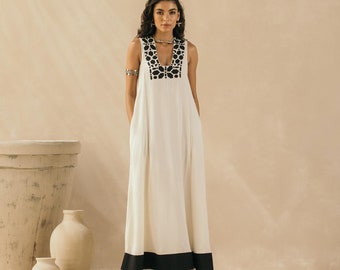 Ivory Abstract Appliqued Sleeveless Dress  |Customizable Dress |Long Dress |Ready To Ship | Cotton Dress | Muslin Dress | Loose  Dress