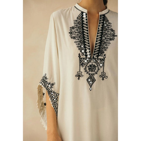 Ivory Asymmetrical Mirror Work Embroidery Kaftan |customizable Dress |long  Dress |ready to Ship | Kaftan Dress | Muslin Dress | Kaftan