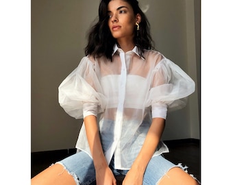 High Low Balloon Sleeves Organza Shirt| Sheer White Organza Stylish Shirt| Organza Silk| Ready to Made| Color Customisations Available|