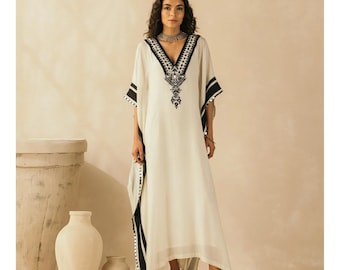 Black & Ivory Embroidered Kaftan |Customizable Dress |Long Dress |Ready To Ship | Kaftan Dress | Muslin Dress | Kaftan