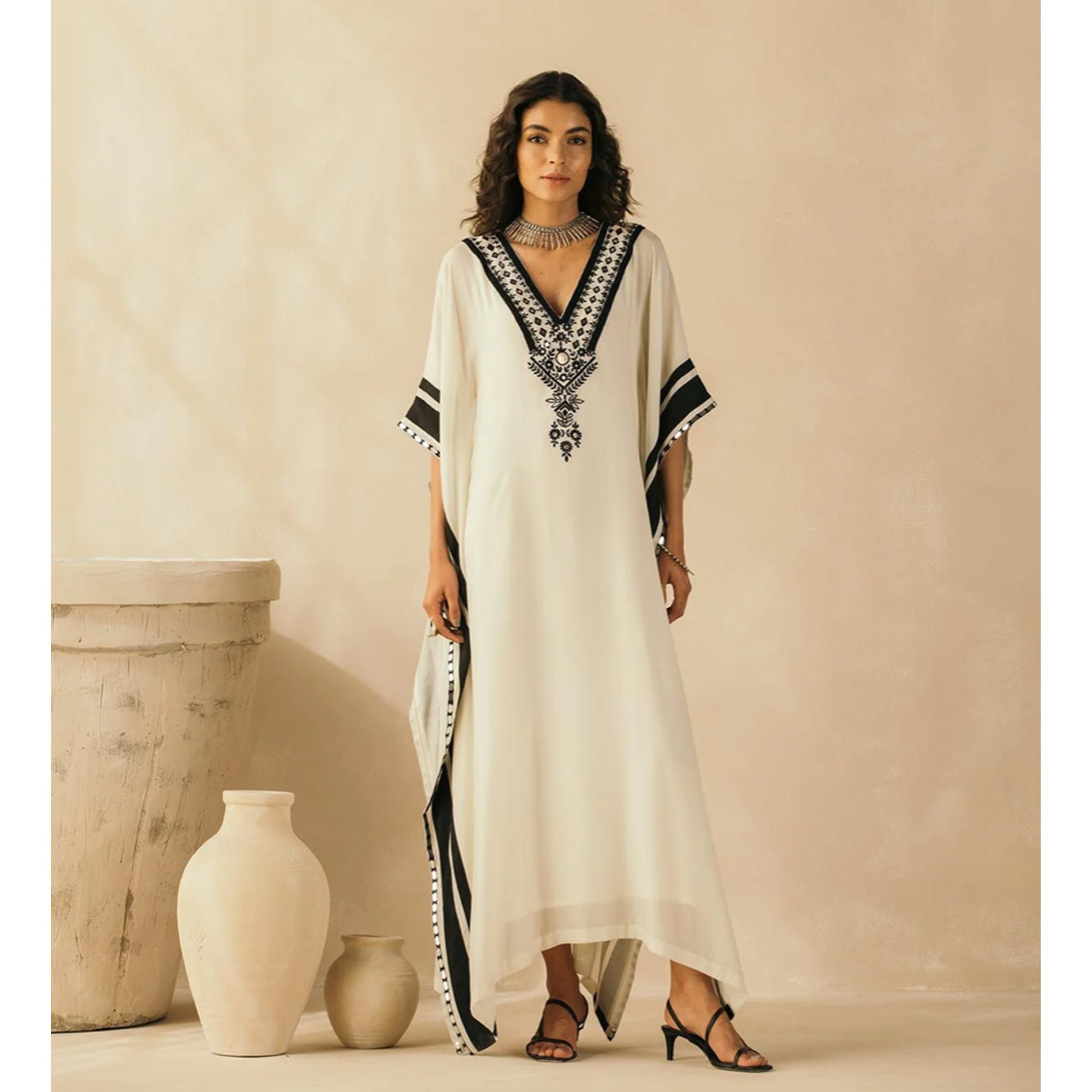 Black & Ivory Embroidered Kaftan customizable Dress long - Etsy UK