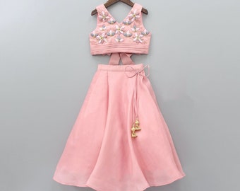 Floral Embellished Top with Lehenga, Linen Silk Light Pink Lehenga for girls, Indian Kids Wear, Party wear, Wedding, Diwali, Mehendi Outfit