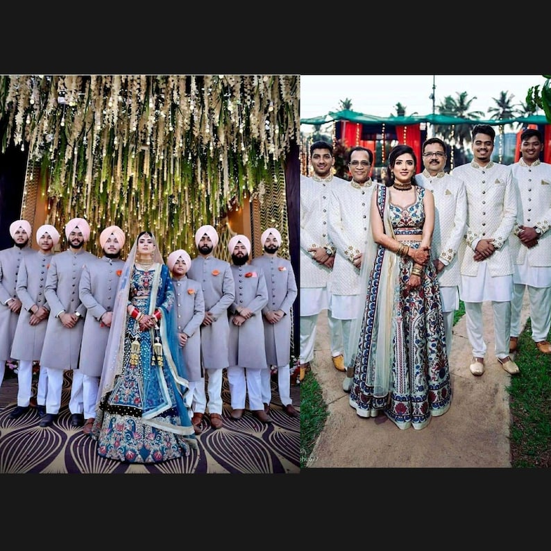 May include: A group of men in gray and white sherwanis stand in a line with a woman in a blue and white lehenga in front of them. The men are wearing turbans and the woman is wearing a necklace and earrings.