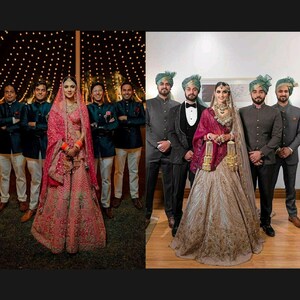 May include: A wedding ceremony with the bride and groom standing in front of their wedding party. The bride is wearing a pink and gold lehenga with a red dupatta. The groom is wearing a black tuxedo with a white shirt and a black bow tie. The wedding party is wearing traditional Indian clothing.
