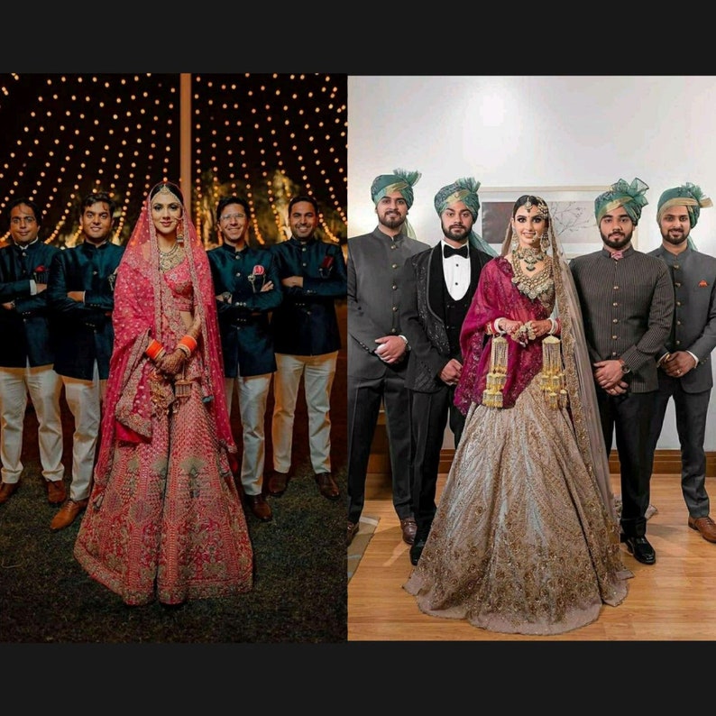 May include: A wedding ceremony with the bride and groom standing in front of their wedding party. The bride is wearing a pink and gold lehenga with a red dupatta. The groom is wearing a black tuxedo with a white shirt and a black bow tie. The wedding party is wearing traditional Indian clothing.