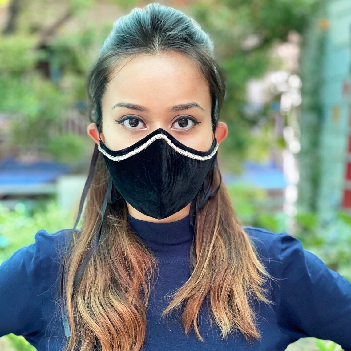 Black Velvet String Face Mask Rhine Stone Embellished Face Etsy
