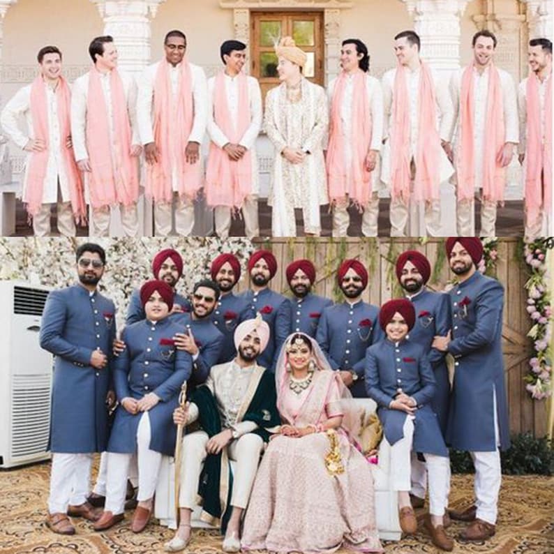 May include: A wedding ceremony with a bride and groom in traditional Indian attire. The groom is wearing a white sherwani with a green shawl, and the bride is wearing a pink lehenga with a red dupatta. The groom's friends are wearing blue sherwanis with white turbans. The bride's friends are wearing pink dupattas.