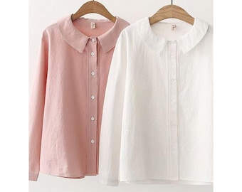 Lino Casual Peter Pan Collar Tops Túnica Blusa Camisa / Blanco / Rosa / Camisa de lino suave / Listo para enviar / Mangas completas / Camisa cómoda