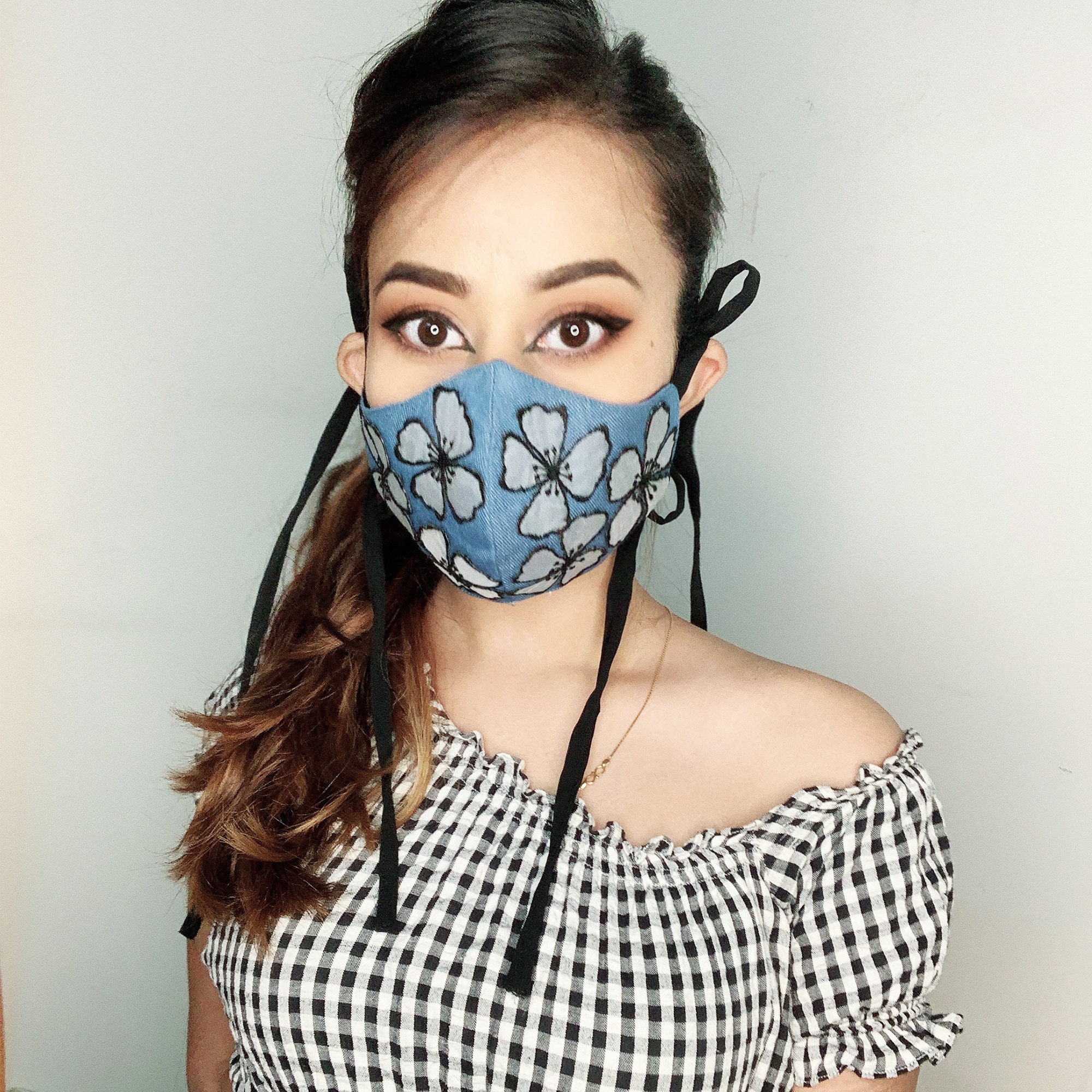 FlowerDenim Hand Embroidered String Face Mask Handmade Etsy
