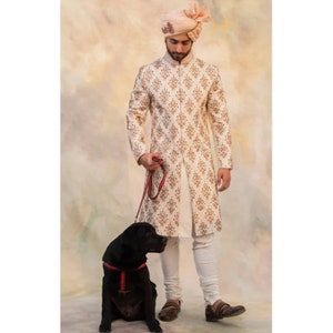 May include: A man wearing a white and gold patterned sherwani with a pink turban and white pants. He is holding a red leash attached to a black Labrador Retriever.