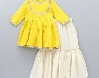 Ready To Wear Yellow Hand Embroidered Peplum Top & Sharara| Indian Girls party Dress, Kids wear, Eid Dress, Girls Wedding Dress, Garara suit