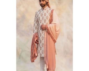 Designer Ivory Groom Sherwani, Hand Work, Wedding Sherwani, Made to Order, Grooms Sherwani, Wedding Wear, Menswear, Indian Wear.