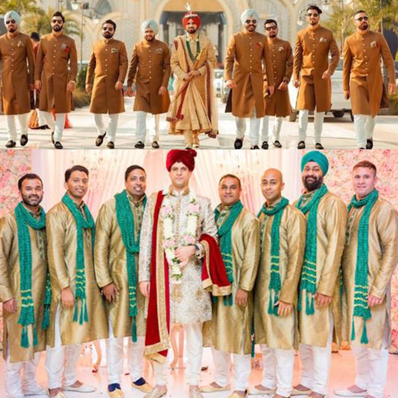 May include: Two groups of men wearing traditional Indian clothing. The first group is wearing brown kurtas with white pants and turbans. The second group is wearing gold kurtas with white pants and green scarves. Both groups are smiling and looking at the camera.