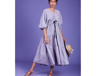 Lavender Flared Midi Dress With Pleated Tiers |  Customizable Dress | Long Dress | Ready To Ship | Summer Dress | Cotton Dress | Loose Dress