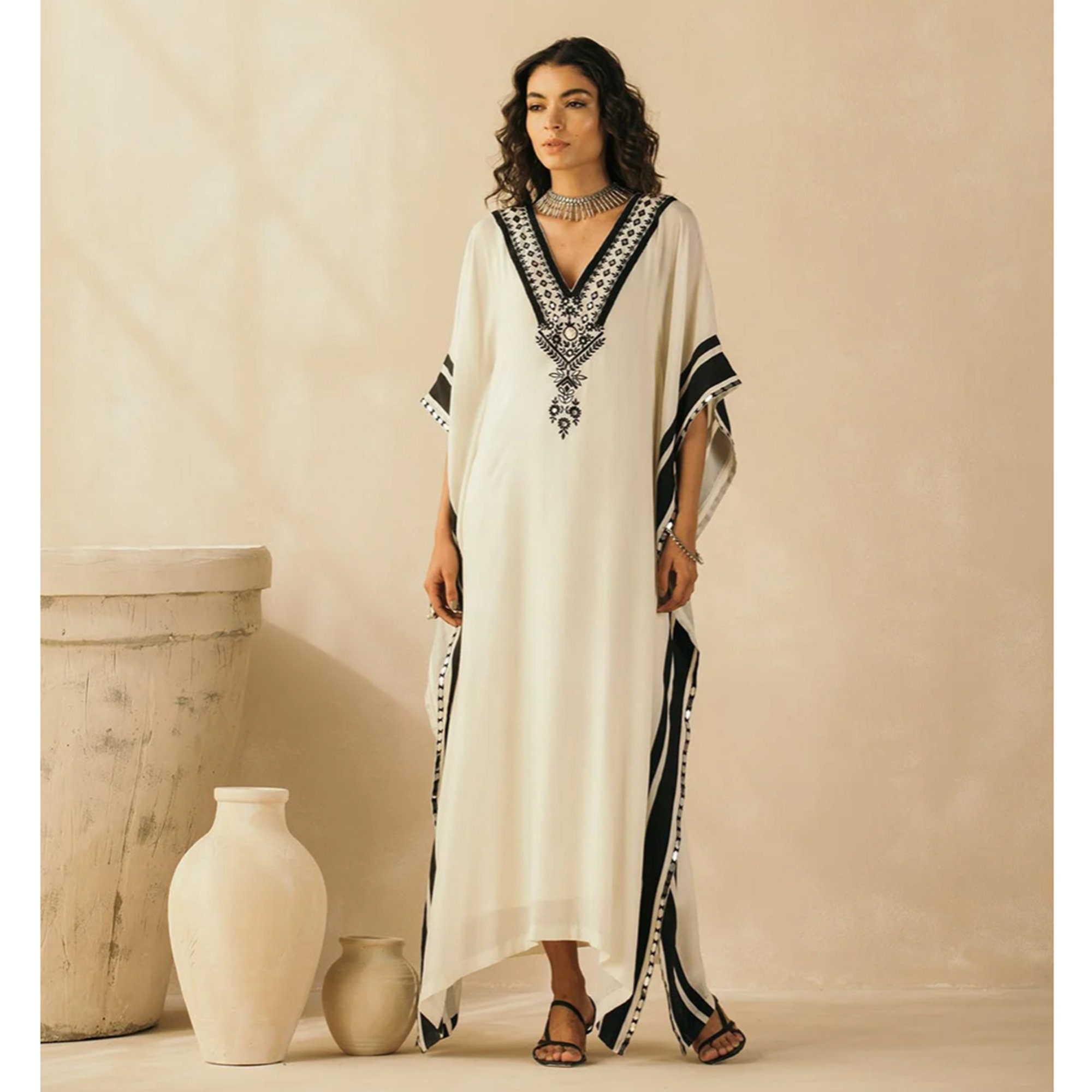 Black & Ivory Embroidered Kaftan Customizable Dress Long | Etsy
