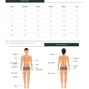 May include: Size chart for clothing with measurements in inches for shoulder, chest, waist, neck, and hip. The chart includes sizes S, M, L, XL, XXL, and 3XL.