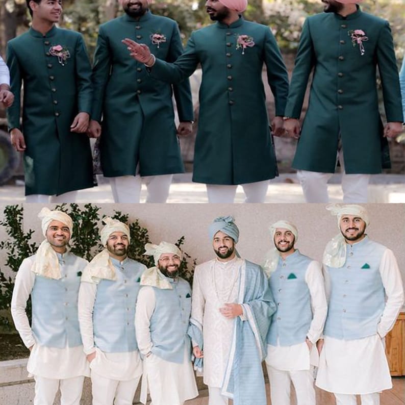 May include: A group of men wearing traditional Indian wedding attire. The men are wearing green kurtas with white pants and white turbans. They are also wearing gold jewelry and flowers in their hair. The men are standing in a line and smiling.