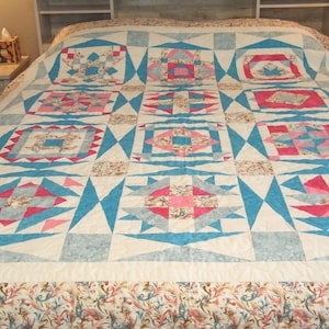 Pink & Turquoise Queen Sampler Quilt | Handmade Cotton Quilt with Unique Blocks | Heirloom-Quality Patchwork Bed Quilt | Marti Michell BOM