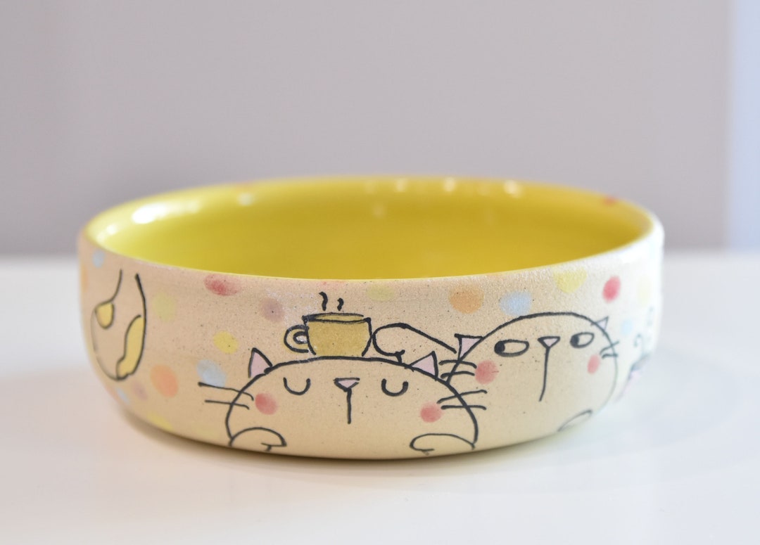 Handmade Ceramic Cat Bowl Handpainted Cat Bowl Cat and Bee Cat Bowl