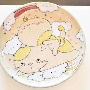 Handmade Ceramic Cat Plate | Handmade Ceramic Yellow Plate | Light Blue Serving Plate | Cat Serving Plate | Polka Dot Plate | Dinner Plate