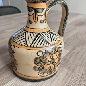 Vintage Olaria Pirraça Portugal Hand-Painted Terracotta Pottery Jug Vase Rustic Home Decor