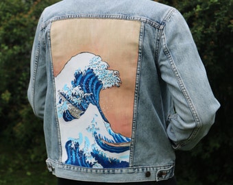 超美品】amok handpaint denim jacket Hand-painted Wave Denim Jacket 