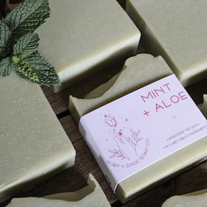 Mint + Aloe Bar Soap, Organic Aloe Vera Juice, Spearmint and Peppermint Essential Oils, All Natural Essential Oil Soap, Spirulina Powder,