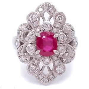 Antique platinum, pink ruby, and diamond ring