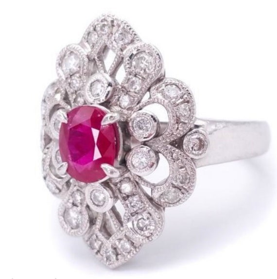 Antique platinum, pink ruby, and diamond ring - image 2