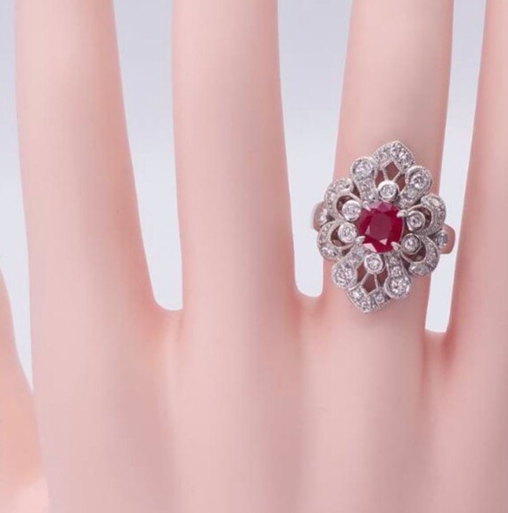 Antique platinum, pink ruby, and diamond ring - image 4
