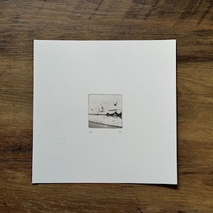 Peut inclure: Petite estampe carrée en noir et blanc d'un paysage avec des oiseaux en vol. L'œuvre représente un rivage avec quelques arbres et plusieurs oiseaux dans le ciel. L'estampe est sur papier blanc.