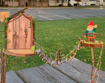 One of a Kind Fairy Door with Bridge. Unique handmade Fairy Garden Gift, Cute Fairy Door Stand with gnome, Fairy Garden Accessories.